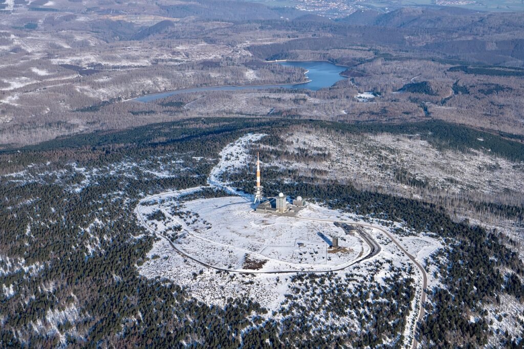 forest, brocken, radio tower, germany, hot air balloon ride, aerial view, snow, nature, winter