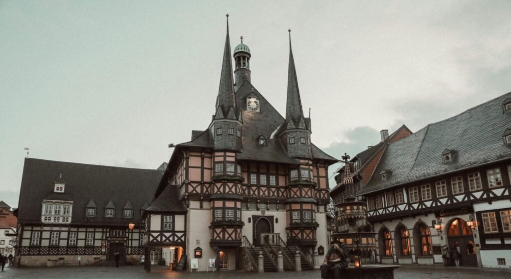 Stunning view of the historic Wernigerode Town Hall in Germany during early evening.