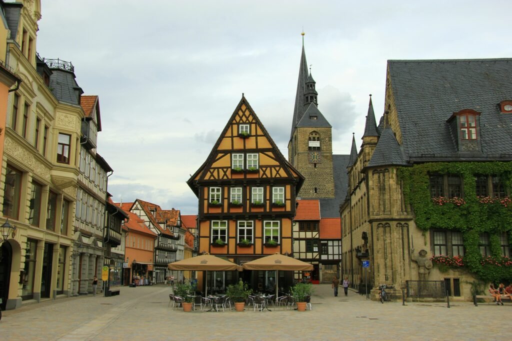 Quaint medieval town square showcasing classic European architecture and charming cobblestone streets.