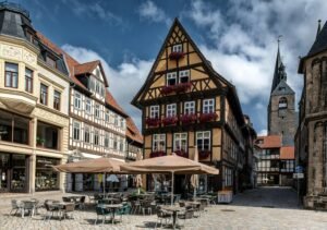 Scenic view of historic half-timbered houses in Quedlinburg, Germany.