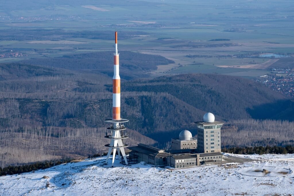 brocken, nature, germany, radio tower, hot air balloon ride, aerial view, snow, winter