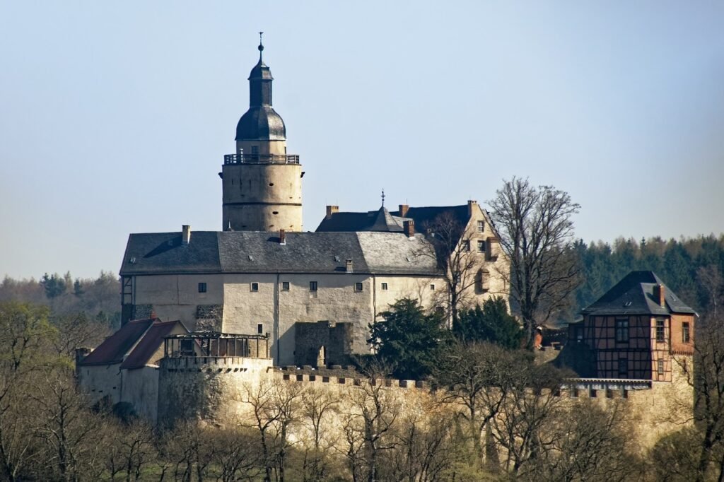 castle, tower, highlands, building, germany, low mountain range harz, resin, falkenstein castle, landscape