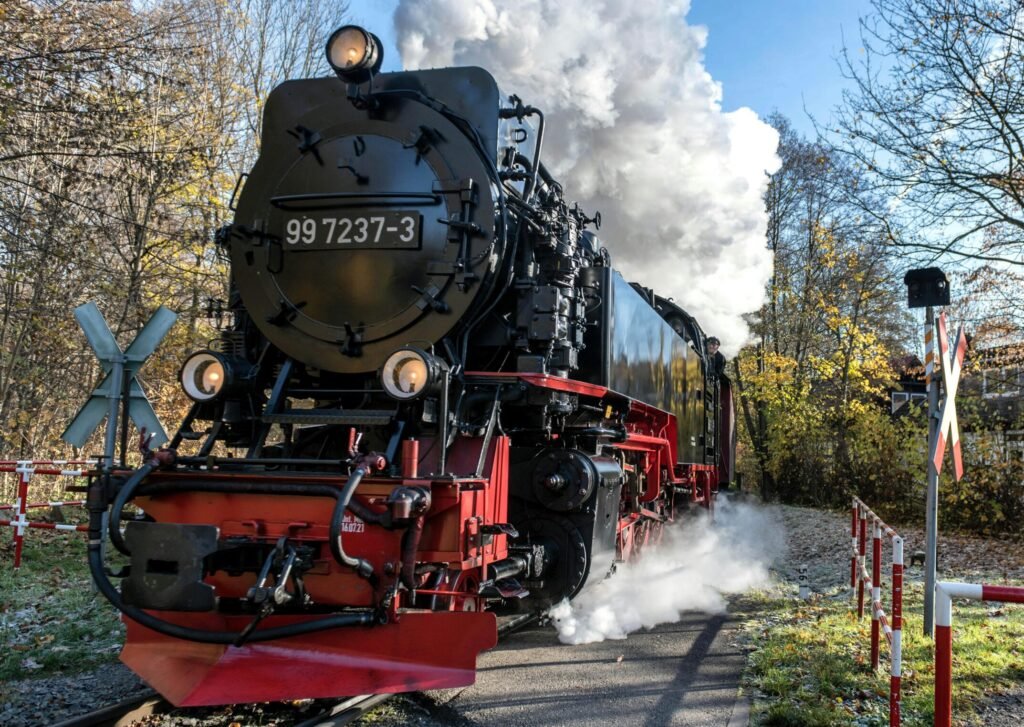 A classic steam locomotive crosses a railway in Wernigerode, Germany.
